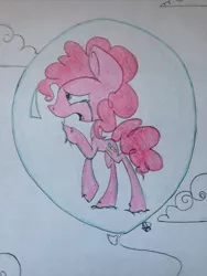 Size: 1024x1365 | Tagged: artist:papermonster2000, balloon, crying, derpibooru import, pinkie pie, pinkie pie trapped in a balloon, sad, safe, solo, then watch her balloons lift her up to the sky, traditional art