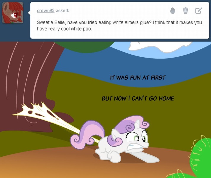 Size: 796x671 | Tagged: safe, derpibooru import, sweetie belle, unicorn, ask, female, filly, glue, stuck, sweetiepoo, tree, tumblr