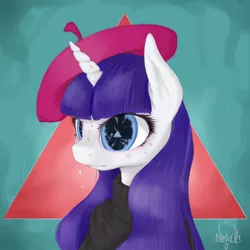 Size: 1000x1000 | Tagged: artist:daqulith, beatnik, beatnik rarity, beret, clothes, cracked, cracks, derpibooru import, hat, lsd, poker face, rarity, semi-grimdark, solo, triangle, wingding eyes