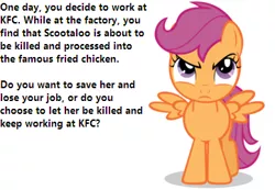 Size: 362x250 | Tagged: safe, derpibooru import, scootaloo, pegasus, pony, bronybait, female, filly, kfc, question, sadistic choice, scootachicken, scootaloo is not amused, solo, text