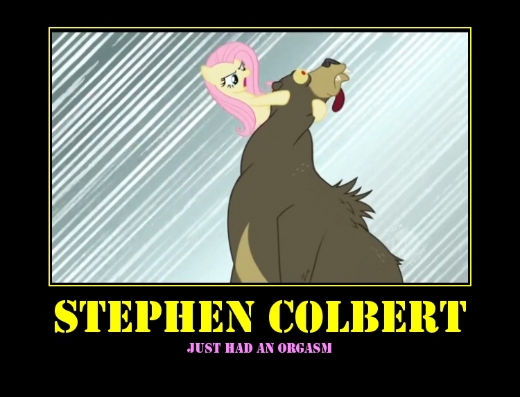 Size: 750x574 | Tagged: suggestive, artist:spdude18, derpibooru import, edit, edited screencap, screencap, fluttershy, harry, bear, lesson zero, caption, duo, implied orgasm, motion lines, motivational poster, neck snap, stephen colbert, tongue out