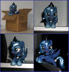 Size: 873x915 | Tagged: safe, artist:madponyscientist, derpibooru import, princess luna, pony, box, cardboard box, custom, filly, pony in a box, sculpture, solo, woona, younger