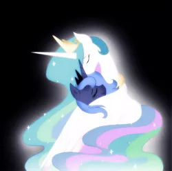 Size: 1675x1659 | Tagged: artist:strangiesleepy, dead source, derpibooru import, princess celestia, princess luna, royal sisters, s1 luna, safe, sisters, song in the description, winghug