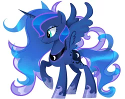 Size: 4800x3800 | Tagged: safe, artist:aaplepieeru, derpibooru import, princess luna, alicorn, pony, absurd resolution, alternate hairstyle, female, mare, messy mane, misisng accessory, raised hoof, simple background, smiling, solo, standing