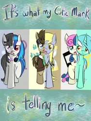 Size: 768x1024 | Tagged: safe, artist:timeywimeywhooves, derpibooru import, bon bon, derpy hooves, doctor whooves, lyra heartstrings, octavia melody, sweetie drops, time turner, vinyl scratch, earth pony, pegasus, pony, unicorn, background six, colored pupils, swapped cutie marks, what my cutie mark is telling me