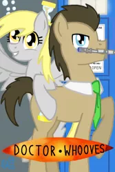 Size: 320x480 | Tagged: safe, artist:timeywimeywhooves, derpibooru import, derpy hooves, doctor whooves, time turner, pegasus, pony, doctor whooves and assistant, female, mare, mouth hold, necktie, sonic screwdriver, tardis