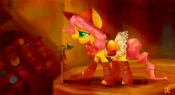 Size: 1980x1080 | Tagged: artist:chung-sae, background pony, clothes, derpibooru import, dress, fluttershy, hat, microphone, safe, singing, stage, wallpaper, western