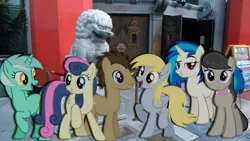 Size: 1191x671 | Tagged: safe, artist:mario94, derpibooru import, bon bon, derpy hooves, doctor whooves, lyra heartstrings, octavia melody, sweetie drops, time turner, vinyl scratch, pegasus, pony, background six, female, mare, ponies in real life