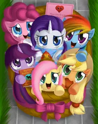 Size: 1200x1509 | Tagged: safe, artist:berrypawnch, derpibooru import, applejack, fluttershy, pinkie pie, rainbow dash, rarity, twilight sparkle, earth pony, pegasus, pony, timber wolf, unicorn, apple, basket, berrypawnch is trying to murder us, clothes, crying, cupcake, cute, daaaaaaaaaaaw, dashabetes, diapinkes, female, filly, happy, hnnng, jackabetes, looking at you, mane six, open mouth, raribetes, scarf, shyabetes, smiling, story included, tears of joy, twiabetes, weapons-grade cute