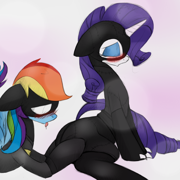 Size: 800x800 | Tagged: suggestive, artist:cladz, derpibooru import, rainbow dash, rarity, pegasus, pony, unicorn, batman, batmare, blushing, butt touch, catwoman, collaboration, female, grope, hoof on butt, lesbian, licking, plot, raridash, shipping, tongue out, voyeurism