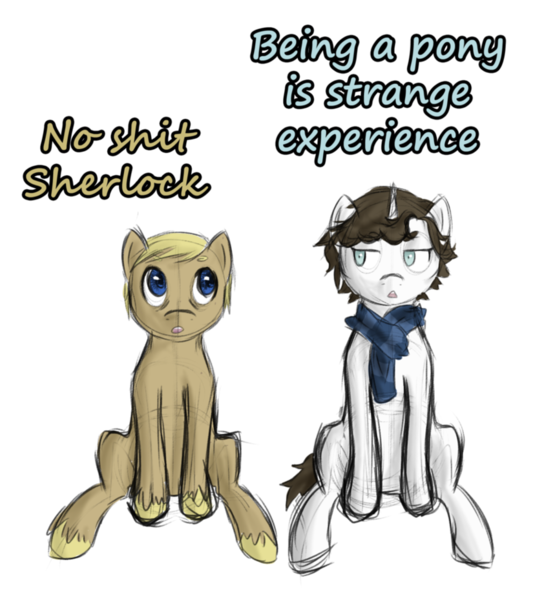 Size: 859x929 | Tagged: artist:pms-ka, bbc sherlock, clothes, derpibooru import, john watson, ponified, safe, scarf, sherlock holmes, vulgar