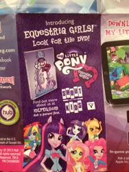 Size: 768x1024 | Tagged: safe, derpibooru import, official, applejack, fluttershy, pinkie pie, rainbow dash, rarity, twilight sparkle, equestria girls, advertisement, ask a parent first, box art, cover, dvd, equestria girls logo, equestria girls prototype, gameloft, hub logo, hubble, magic mirror, mirror, my little pony logo, photo, ponied up, shout factory, the hub