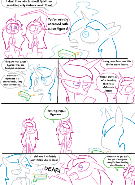 Size: 742x1022 | Tagged: safe, artist:the weaver, derpibooru import, princess cadance, queen chrysalis, shining armor, alicorn, changeling, pony, unicorn, chrysarmordance, comic, disguise, disguised changeling, dork, dorkalis, fake cadance, female, floppy ears, frown, glare, hyperspace hyperwars, male, mare, messy mane, open mouth, raised hoof, shining armor gets all the mares, shipping, simple background, sitting, sludgenoids, smiling, smirk, spot the imposter, squirt gun, stallion, tabletop game, watergun, weaver you magnificent bastard, white background, wide eyes