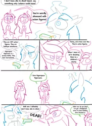 Size: 742x1022 | Tagged: safe, artist:the weaver, derpibooru import, princess cadance, queen chrysalis, shining armor, alicorn, changeling, pony, unicorn, chrysarmordance, comic, disguise, disguised changeling, dork, dorkalis, fake cadance, female, floppy ears, frown, glare, hyperspace hyperwars, male, mare, messy mane, open mouth, raised hoof, shining armor gets all the mares, shipping, simple background, sitting, sludgenoids, smiling, smirk, spot the imposter, squirt gun, stallion, tabletop game, watergun, weaver you magnificent bastard, white background, wide eyes
