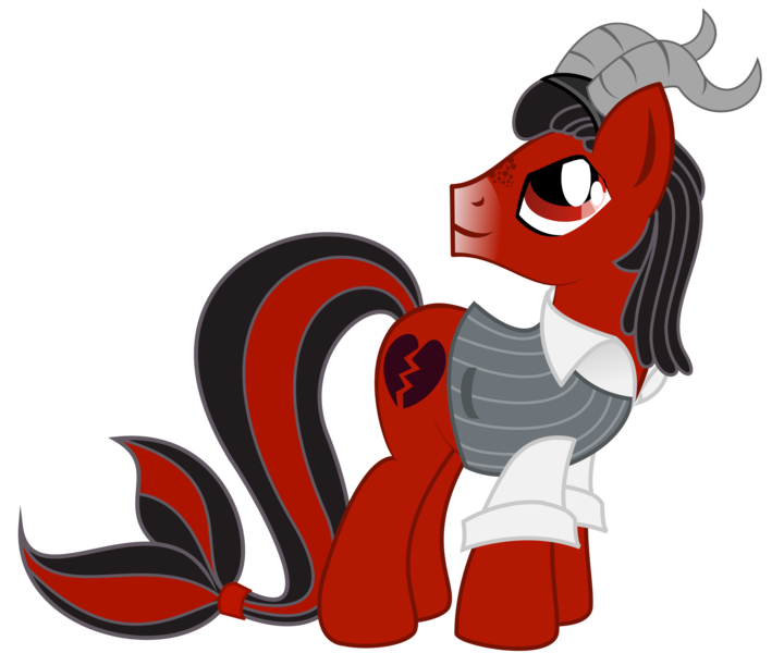 Size: 3344x2788 | Tagged: safe, derpibooru import, oc, oc:florid, unofficial characters only, earth pony, pony, black hair, capricorn, clothes, dreadlocks, horns, looking back, looking up, male, multiple horns, red and black oc, smiling, solo