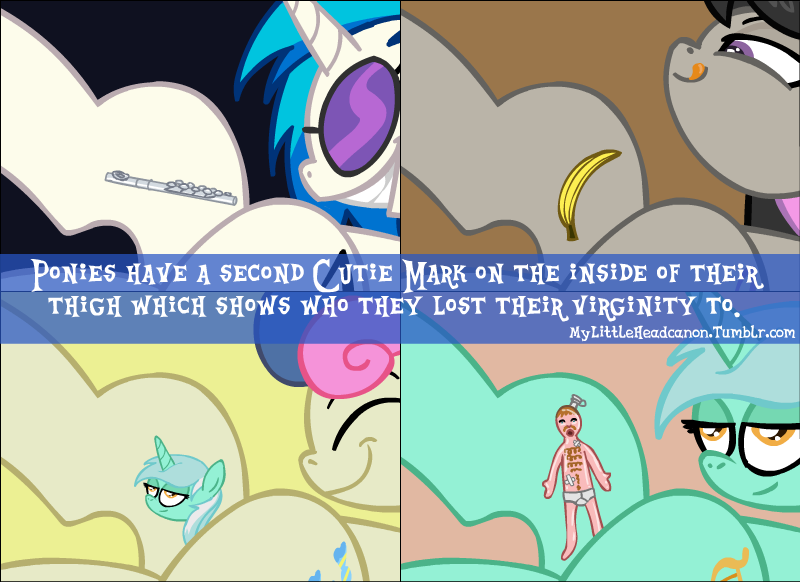 Size: 800x582 | Tagged: alternative cutie mark placement, artist:cybersp0nge, banana, blowup doll, bon bon, derpibooru import, flute, headcanon, human fetish, inner thigh cutie mark, lyra heartstrings, musical instrument, mylittleheadcanon, octavia melody, suggestive, sweetie drops, vinyl scratch, virginity cutie mark