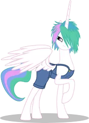 Size: 4050x5605 | Tagged: safe, artist:up1ter, derpibooru import, princess celestia, pony, absurd resolution, alternate hairstyle, clothes, dungarees, female, frown, glare, looking back, mare, messy mane, missing accessory, overalls, raised hoof, simple background, solo, spread wings, transparent background, vector