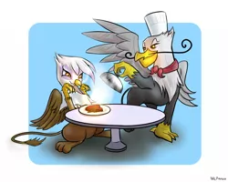 Size: 1000x800 | Tagged: safe, artist:mlpanon, derpibooru import, gilda, gustave le grande, gryphon, carnivore, cloche, food, griffons doing griffon things, meat, simple background, table, white background