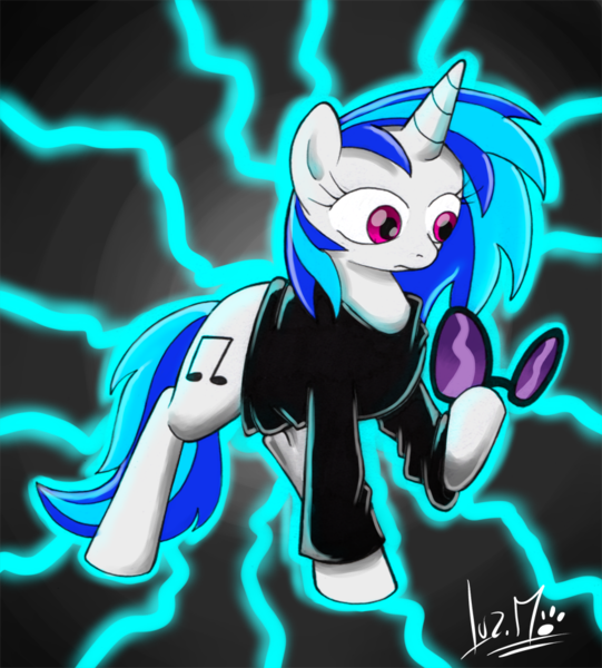 Size: 850x943 | Tagged: artist:chocolatechilla, derpibooru import, glasses, lightning, safe, vinyl scratch