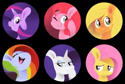 Size: 500x333 | Tagged: safe, artist:karzahnii, derpibooru import, applejack, fluttershy, pinkie pie, rainbow dash, rarity, twilight sparkle, earth pony, pegasus, pony, unicorn, eyes closed, female, grin, hooves, horn, lineless, mane six, mare, one eye closed, open mouth, smiling, teeth