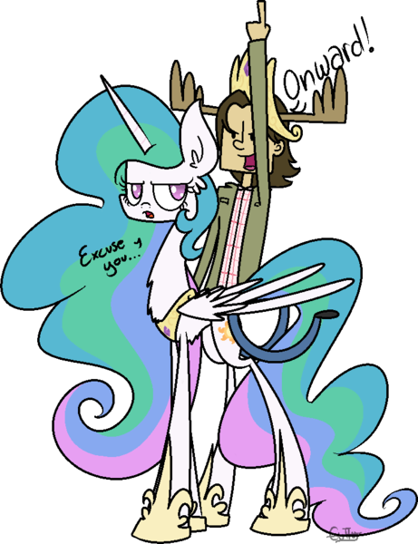 Size: 740x963 | Tagged: artist:cuttycommando, crossover, derpibooru import, princess celestia, riding, safe, sam winchester, supernatural