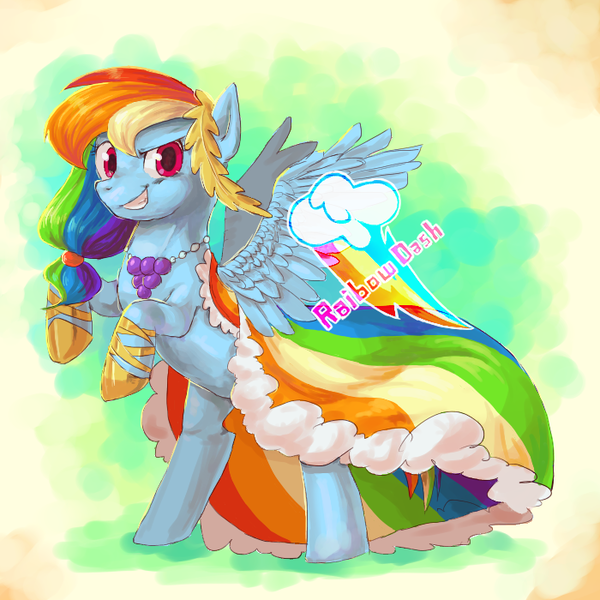 Size: 700x700 | Tagged: safe, artist:hanada, derpibooru import, rainbow dash, pegasus, pony, the best night ever, clothes, cute, dashabetes, dress, female, gala dress, mare, pixiv, rearing, smiling, solo, spread wings, wings