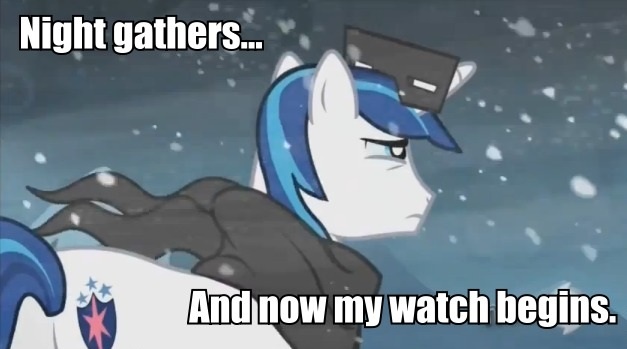 Size: 627x349 | Tagged: caption, clothes, derpibooru import, edit, edited screencap, game of thrones, image macro, night's watch, safe, scarf, screencap, shining armor, snow, snowfall, snow goggles, solo, the crystal empire