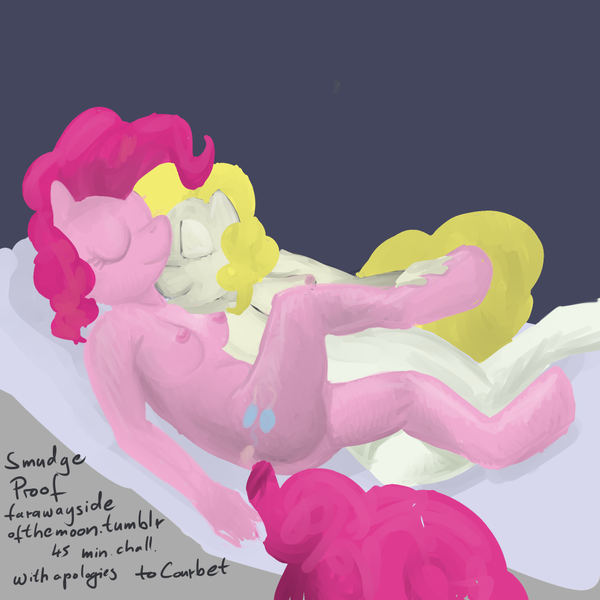 Size: 1000x1000 | Tagged: 30 minute art challenge, 45 minute art challenge, anthro, artist:smudge proof, breasts, derpibooru import, female, fine art parody, gustave courbet, le sommeil, nipples, nudity, pinkie pie, ponified, questionable, selfcest, surprise, the sleep, the sleepers
