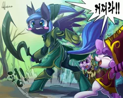 Size: 4096x3294 | Tagged: artist:jggjqm522, crossover, derpibooru import, diana, diana the scorn of the moon, korean, league of legends, leona, lulu (league of legends), princess celestia, princess luna, safe, sweetie belle, sword, voice actor joke, warrior luna, weapon