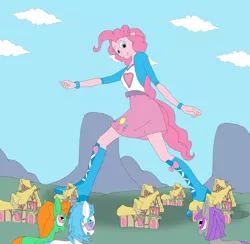 Size: 1931x1882 | Tagged: safe, artist:final7darkness, derpibooru import, pinkie pie, oc, equestria girls, boots, clothes, giantess, macro, ponyville, request, requested art, skirt, walking