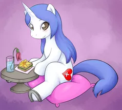 Size: 1280x1157 | Tagged: safe, artist:basketgardevoir, derpibooru import, oc, unofficial characters only, pony, unicorn, blushing, dearheart, pillow, sandwich, table