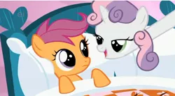 Size: 636x351 | Tagged: bed, derpibooru import, hush now quiet now, lidded eyes, long neck, long pony, out of context, safe, scootaloo, screencap, stare master, stretching, sweetie belle, sweetie giraffe