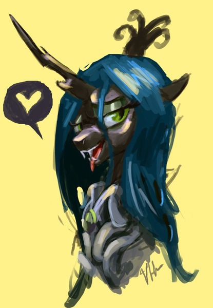 Size: 1244x1800 | Tagged: artist:tarantad0, changeling, changeling queen, derpibooru import, female, heart, queen chrysalis, safe, smiling