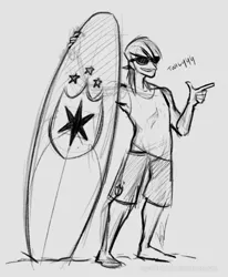 Size: 640x775 | Tagged: safe, artist:egophiliac, derpibooru import, shining armor, humanized, sketch, sunglasses, surfboard