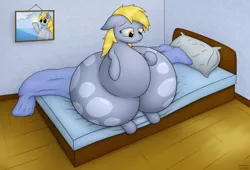 Size: 2800x1900 | Tagged: safe, artist:jesseorange, derpibooru import, derpy hooves, pegasus, pony, aderpose, bed, bed mane, bedroom, blanket, bubble butt, fat, female, impossibly large butt, impossibly wide hips, mare, morbidly obese, obese, pillow, solo, wide hips