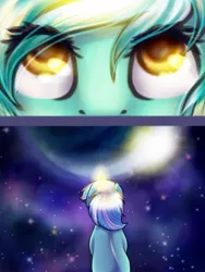 Size: 763x1017 | Tagged: safe, artist:mausefang, derpibooru import, lyra heartstrings, pony, unicorn, close-up, colored pupils, eye, eyes, glowing horn, magic, rear view, solo, space, the cosmos