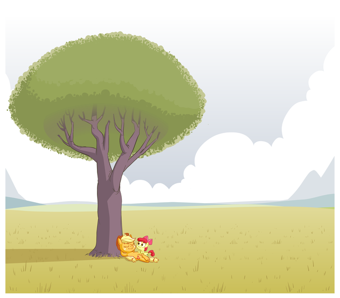 Size: 2375x2083 | Tagged: safe, artist:hotdiggedydemon, derpibooru import, apple bloom, applejack, earth pony, pony, ask jappleack, duo, female, jappleack, mare, sisters, tree, under the tree