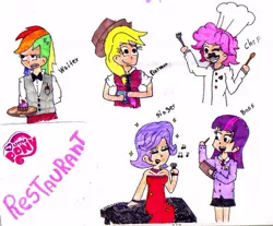 Size: 600x497 | Tagged: applejack, artist:himitsu18, boss, chef, derpibooru import, humanized, pinkie pie, rainbow dash, rarity, restaurant, safe, singing, twilight sparkle, waiter