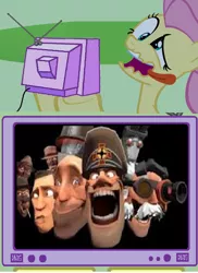 Size: 438x603 | Tagged: demented soldier and his retarded henchmen.painis, derp, derpibooru import, exploitable meme, faic, fluttershy, fuck shit sound.video, gmod, safe, team fortress 2, tv meme