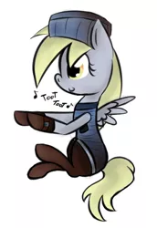 Size: 341x497 | Tagged: safe, artist:lilliesinthegarden, derpibooru import, derpy hooves, pegasus, pony, c:, clothes, female, hat, mare, sitting, socks, solo, train conductor, watch