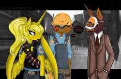 Size: 2153x1403 | Tagged: safe, artist:nekomellow, derpibooru import, oc, oc:color boom, oc:star sparkler, oc:ticket, alicorn, anthro, alicorn oc, crossover, engineer, heavy, spy, team fortress 2, ticketsparkler