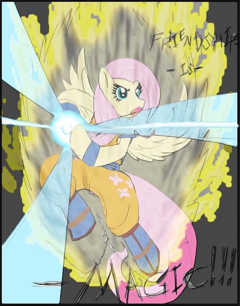 Size: 800x1017 | Tagged: safe, artist:art-phoenix, derpibooru import, fluttershy, anthro, badass, dragon ball z, flutterbadass, kamehameha, parody