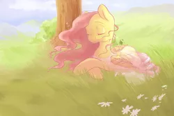 Size: 1800x1200 | Tagged: safe, artist:wolfiedrawie, derpibooru import, fluttershy, pegasus, pony, clothes, dress, eyes closed, female, mare, smiling, solo, tree