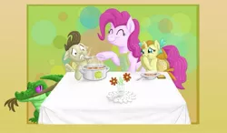 Size: 1029x600 | Tagged: artist:gor1ck, biting, food, gummy, older, pinkie pie, pound cake, pumpkin cake, safe, soup, table, tail bite