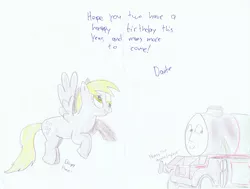 Size: 3517x2656 | Tagged: artist needed, safe, derpibooru import, derpy hooves, pegasus, pony, birthday, birthday card, card, henry the green engine, traditional art