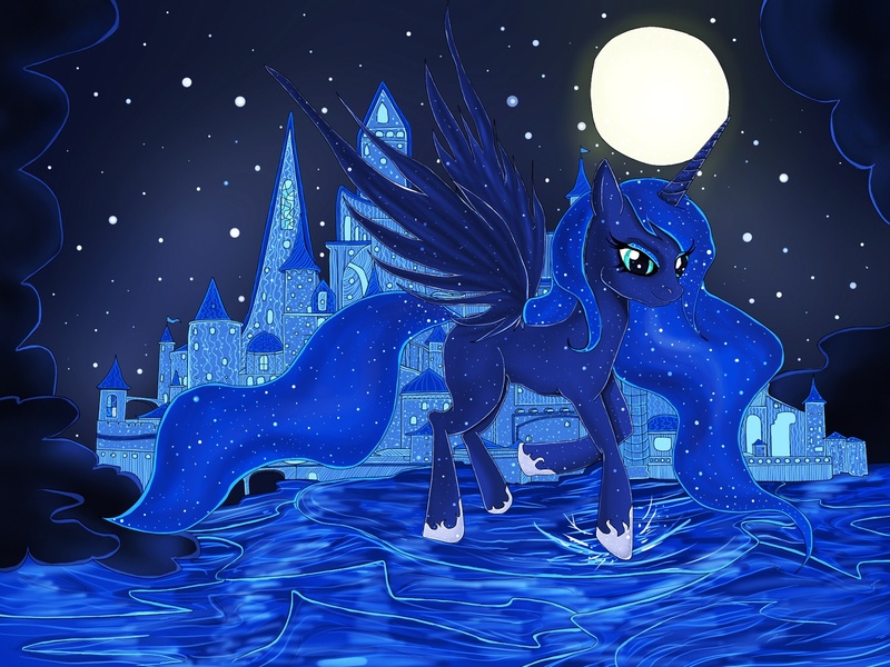 Size: 1500x1125 | Tagged: artist:elisabethianna, castle, derpibooru import, missing cutie mark, moon, night, princess luna, safe, solo