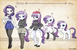 Size: 1600x1035 | Tagged: safe, artist:shepherd0821, derpibooru import, rarity, anthro, human, pony, semi-anthro, unguligrade anthro, anthro chart, anthro with ponies, beatnik rarity, beret, bipedal, bottomless, breasts, busty rarity, clothes, dress, female, garter belt, hat, humanized, line-up, pantyhose, scarf, skirt, socks, stockings, sweater, tights