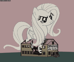 Size: 500x420 | Tagged: safe, derpibooru import, fluttershy, pony, animated, attack on pony, discorded, flutterbitch, giant pony, orphanage, stomping