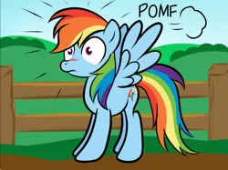 Size: 680x509 | Tagged: dead source, safe, artist:grumblepluck, derpibooru import, edit, rainbow dash, pegasus, pony, blushing, cropped, female, fence, frown, image macro, mare, pomf, shocked, solo, spread wings, wide eyes, wingboner