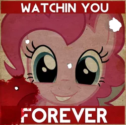 Size: 1426x1413 | Tagged: safe, artist:retro melon, derpibooru import, pinkie pie, earth pony, pony, fallout equestria, fanfic, blood, bullet hole, fallout, fanfic art, female, forever, looking at you, mare, ministry mares, ministry of morale, pinkie pie is watching you, poster, propaganda, propaganda poster, smiling, solo, teeth, text